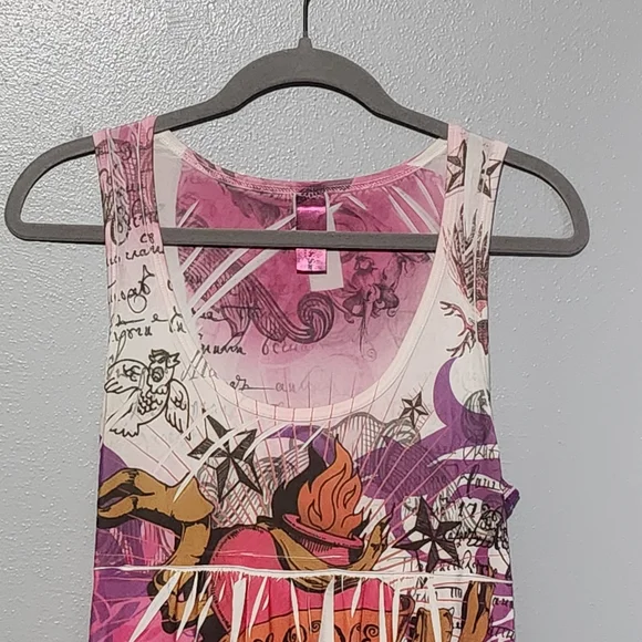 PRESS APPAREL Y2K Ed Hardy Style Purple Tank Mini Dress Small Heart Tattoo 2000s - Picture 4 of 12